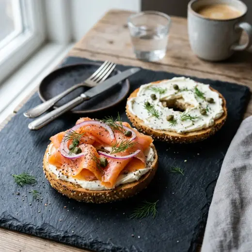 Bagel, jonka päällä on kylmäsavulohta, tuorejuustoa, punasipulia, kapriksia ja tilliä