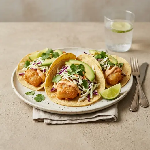 Valmis baja fish tacos tarjoiltuna herkullisesti kotikeittiön tapaan