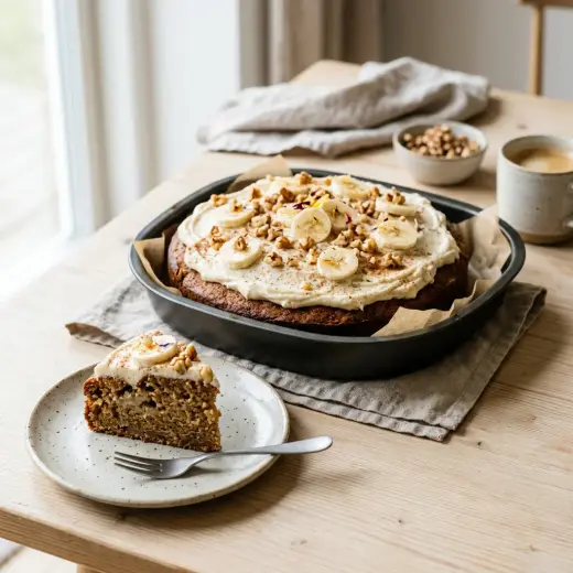 Pyöreä banaanikakku vuoassa, päällä kermaista kuorrutusta, banaaniviipaleita ja pähkinöitä, vieressä kakkupala lautasella
