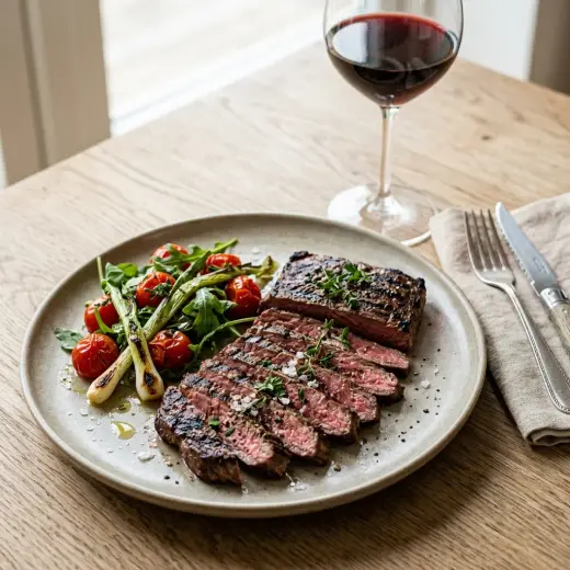 Grillattu bavette viipaloituna leikkuulaudalla