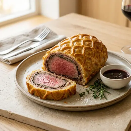 Valmis beef Wellington tarjoiltuna herkullisesti kotikeittiön tapaan