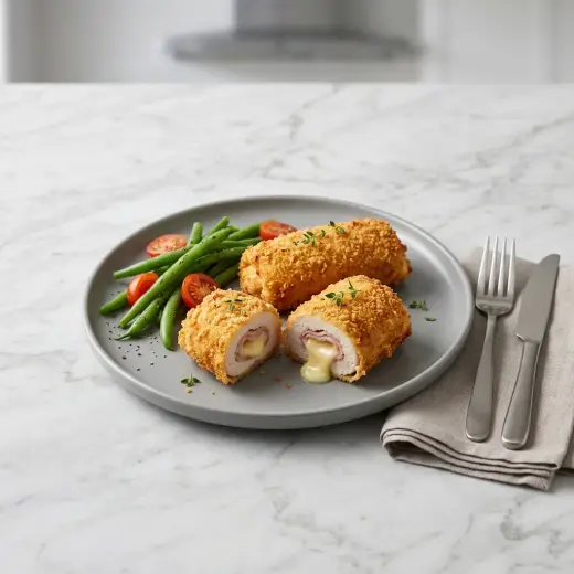 Kullanruskeaksi paistettuja leivitettyjä broileri cordon bleu -leikkeitä