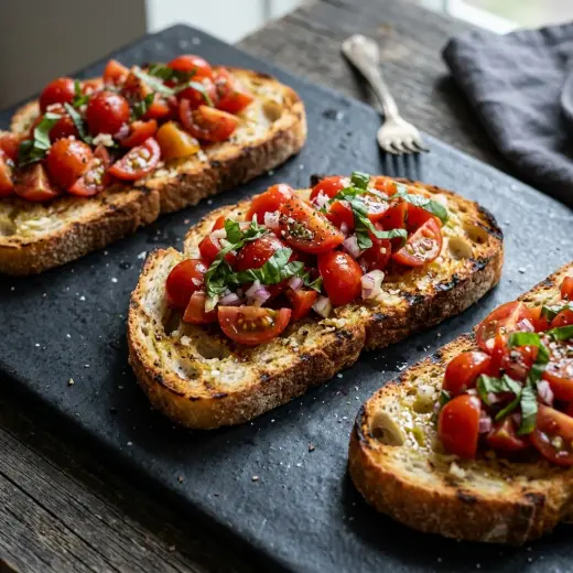 Valmis bruschetta valkosipulilla tarjoiltuna herkullisesti kotikeittiön tapaan