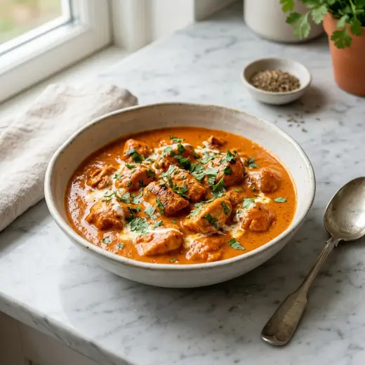 Butter chicken -annos, jossa kanapaloja tomaattikermakastikkeessa