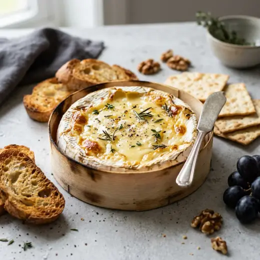 Airfryerissa paistettu camembert, jonka pinnalla on hunajaa ja timjamia