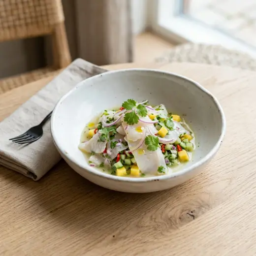 Ceviche kampelasta kulhossa, joukossa avokadoa, punasipulia ja korianteria