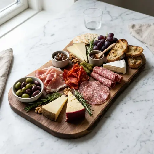 Charcuterie-lauta, jolla on leikkeleitä, juustoja, leipää, rypäleitä ja oliiveja
