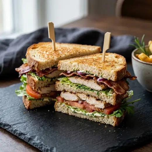 Kolmikerroksinen club sandwich kanalla, pekonilla ja tomaatilla leikattuna kolmioiksi