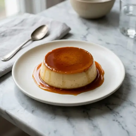 Kumottu crème caramel valkoisella lautasella, päällä ja ympärillä karamellikastiketta