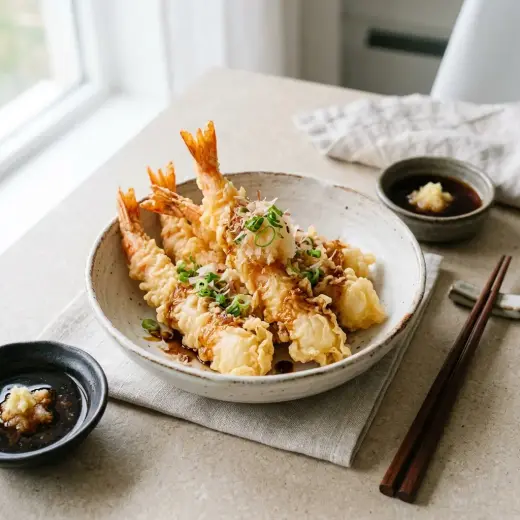 Rapeaksi paistettuja ebi tempura -katkarapuja lautasella