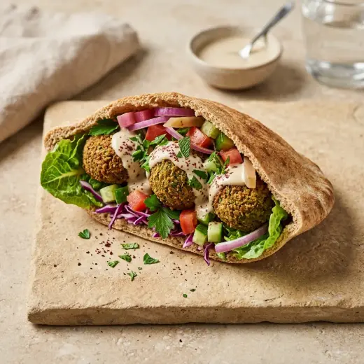 Pitaleipä täytettynä falafelpalloilla, salaatilla ja kurkkukuutioilla