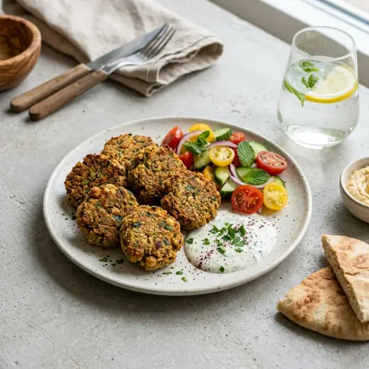 Falafel-pyöryköitä lautasella tomaatti-kurkkusalaatin ja jogurttikastikkeen kanssa