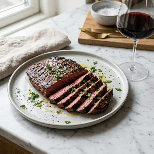 Grillattu flank steak leikattuna ohuiksi viipaleiksi