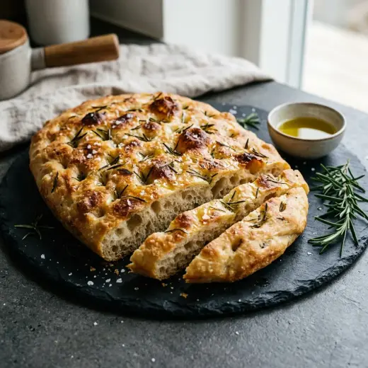Pellillä paistettu focaccia, jonka pinnalla on rosmariinia ja sormisuolaa