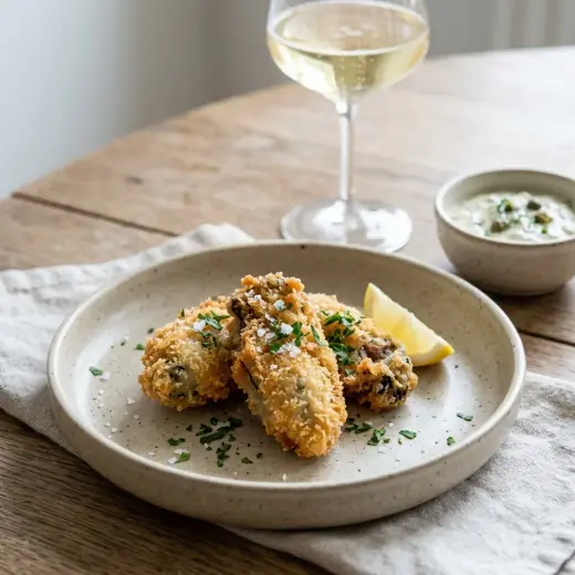 Friteeratut osterit tarjoiltuna valmiina annoksena