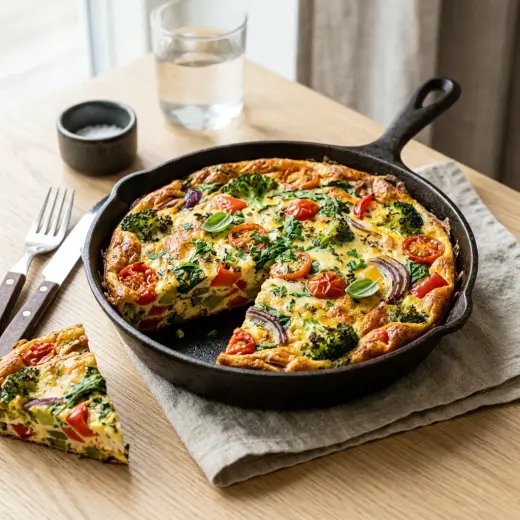 Pannulla kypsennetty frittata, jossa on paprikaa, pinaattia ja fetajuustoa