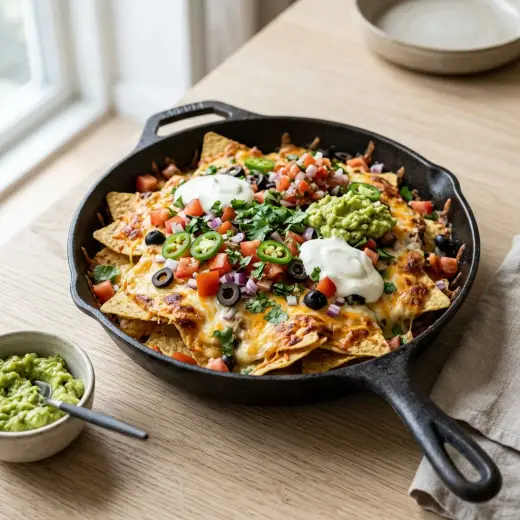Uunipellillä gratinoituja nachoja, joiden päällä on sulanutta juustoa ja jauhelihaa