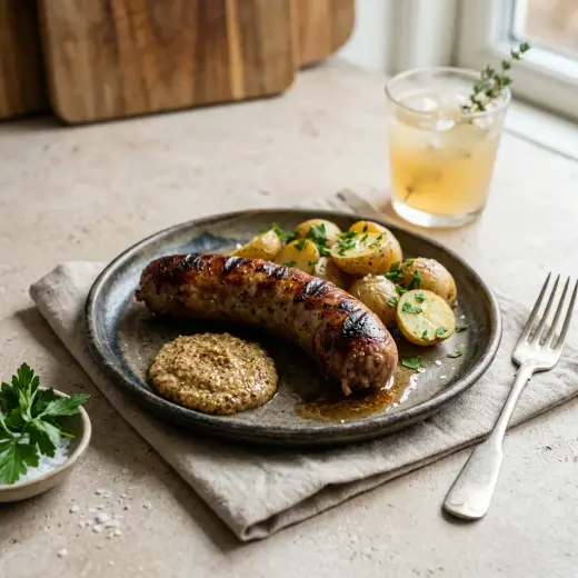 Valmis grillattu medistermakkara tarjoiltuna herkullisesti kotikeittiön tapaan