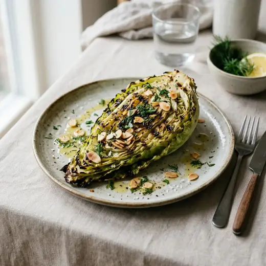 Grillattu suippokaalin puolikas ruskeine grillijuovineen tarjoiluvadilla