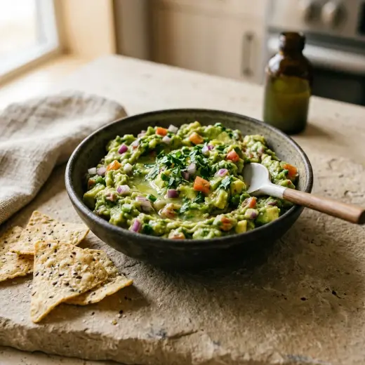 Valmis guacamole tarjoiltuna herkullisesti kotikeittiön tapaan