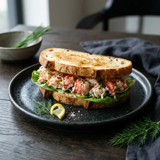 Hummerisandwich, jossa hummerin lihaa briossisämpylän välissä