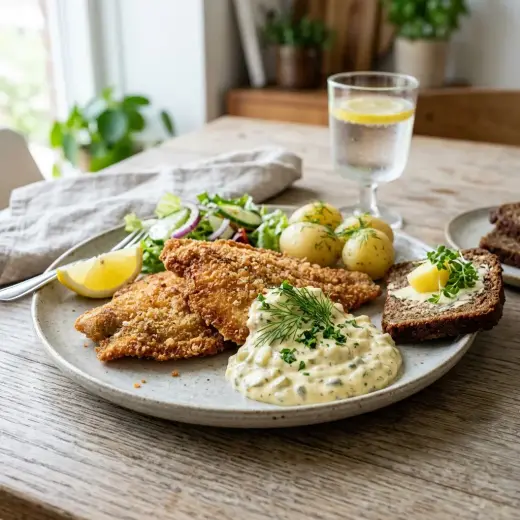 Paistettuja leivitettyjä kalafileitä ja remouladekastiketta lautasella