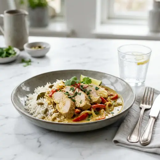 Valmis kalkkunanrinta curryssa tarjoiltuna herkullisesti kotikeittiön tapaan