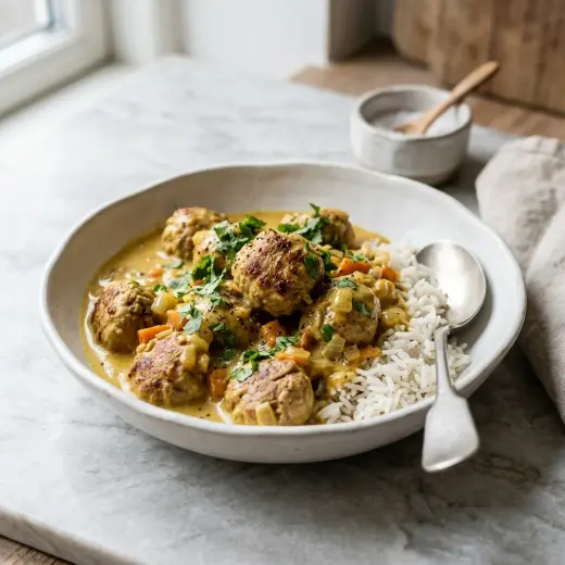 Valmis kalkkunapyörykät curryssa tarjoiltuna herkullisesti kotikeittiön tapaan