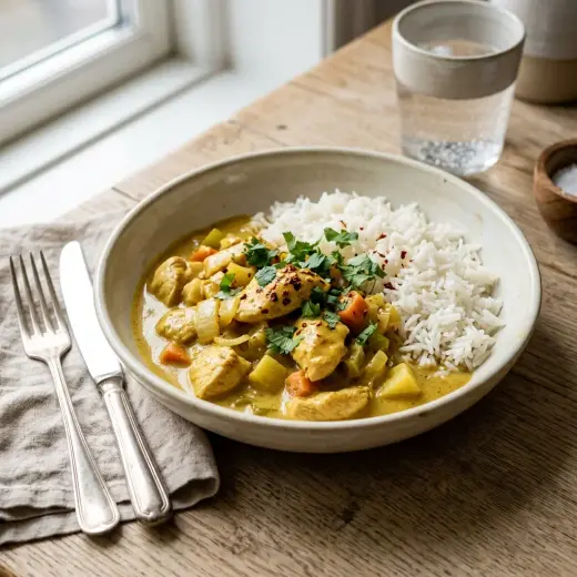 Valmis kana curryssa tarjoiltuna herkullisesti kotikeittiön tapaan