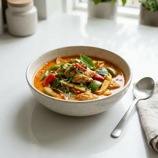 Valmis kana punaisessa curryssa tarjoiltuna herkullisesti kotikeittiön tapaan
