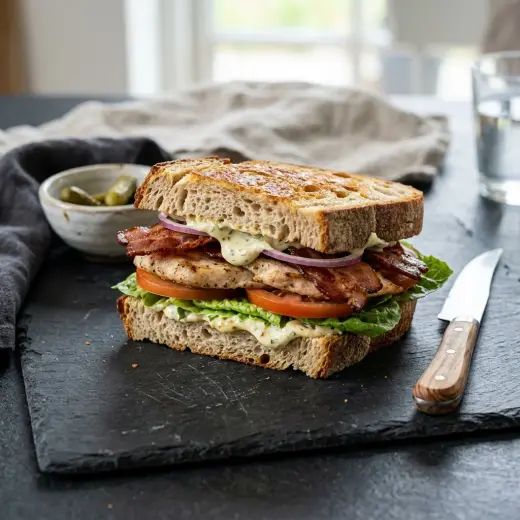 Pekonilla ja kanalla täytetty sandwich leikattuna vinosti halki