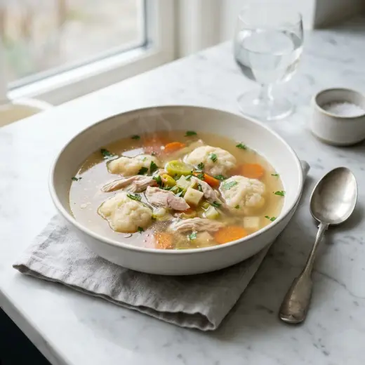 Kulhollinen kirkasta kanakeittoa, jossa on jauhopalleroita, porkkanaa ja kanaa