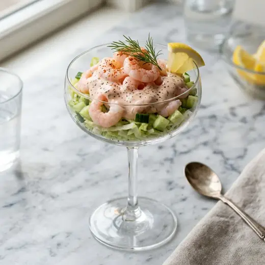 Katkarapucocktail tarjoilulasissa salaatin ja dillin kanssa