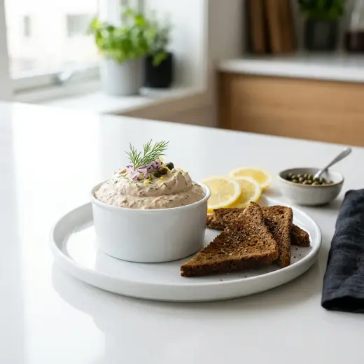 Kotitekoinen klassinen tonnikalamousse Vaalea tonnikalamousse kulhossa, päällä tilliä