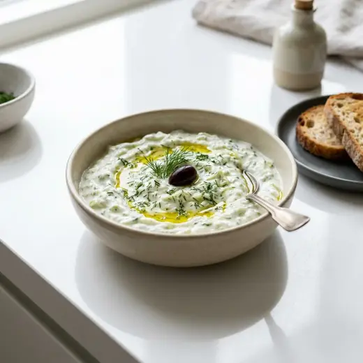 Kulhollinen klassista tzatzikia, jossa on kurkkua ja valkoista jugurttia