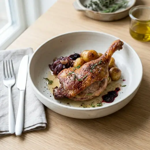 Confit-ankankoipia, joiden nahka on ruskistettu rapeaksi