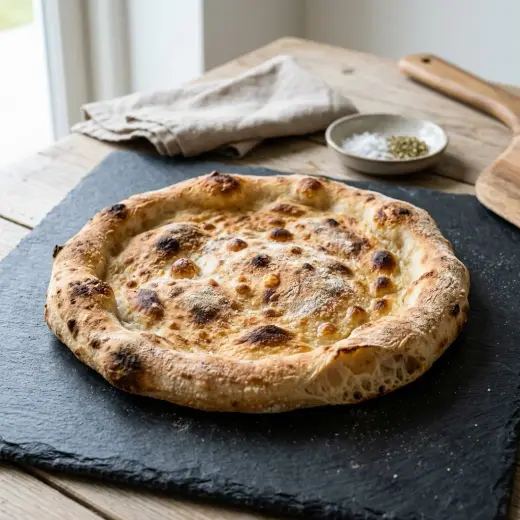 Kotitekoisesta pizzataikinasta paistettu ohut pizza uunipellillä