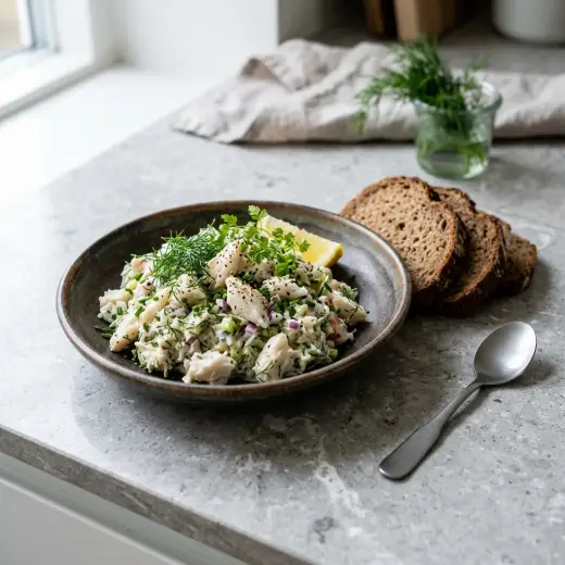 Kulhollinen rapusalaattia, jonka päällä on tilliä