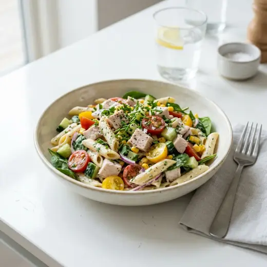 Kulhollinen kylmää pastasalaattia, jossa on kalkkunakuutioita, paprikaa, kurkkua, tomaattia ja maissia