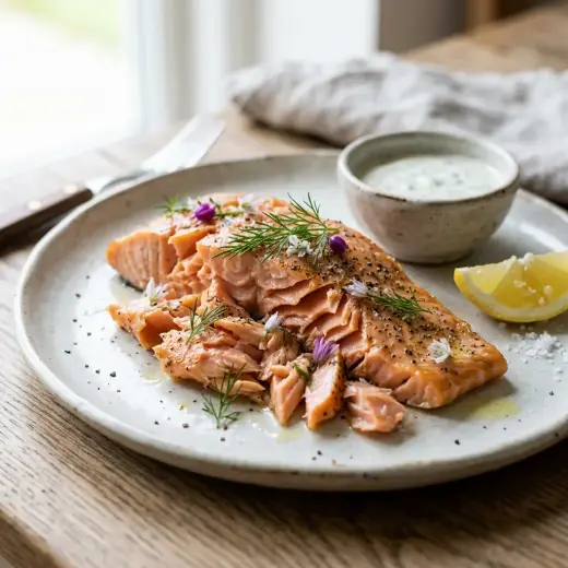 Kotona savustettu lämminsavulohifilee tarjolla