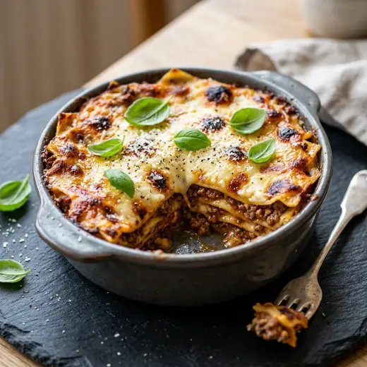 Airfryerissa paistettu lasagne vuoassa, pinnalla ruskistunutta juustoa