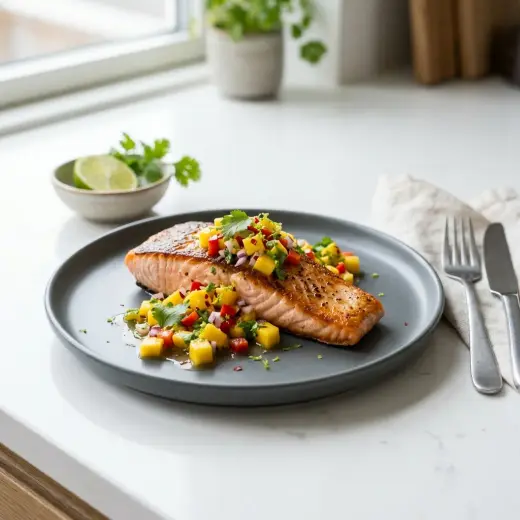 Lohi mangosalsalla tarjoiltuna valmiina annoksena