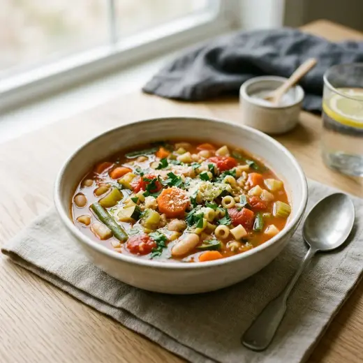 Kulhollinen minestronekeittoa, jossa on kasviskuutioita, valkoisia papuja ja pientä pastaa
