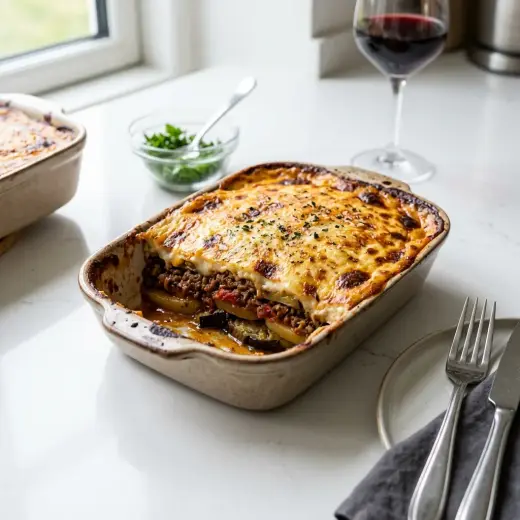 Uunivuoassa paistettu moussaka, jonka pinta on kullanruskea