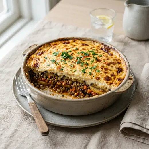 Uunivuoasta leikattu annos moussakaa, jossa näkyvät kerrokset ja ruskistunut pinta