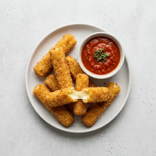 Kullanruskeita mozzarellatikkuja ja dippikastiketta
