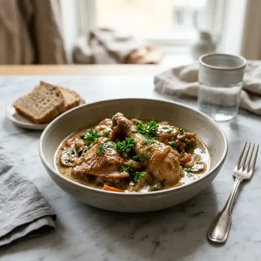Kermakastikkeessa haudutettua kanaa, porkkanaa ja sipulia
