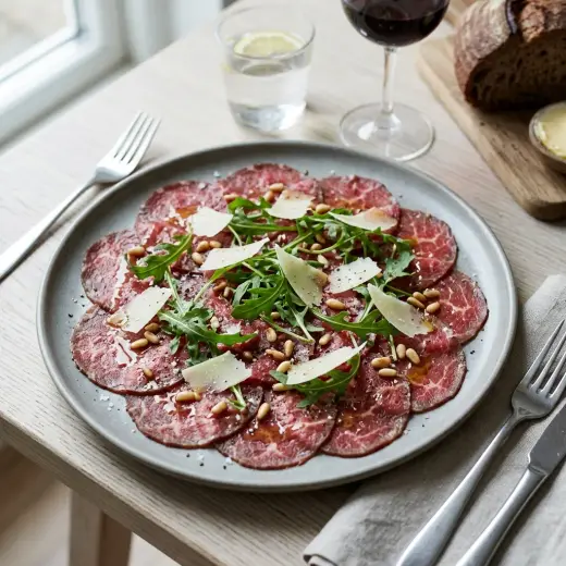 Valmis naudan carpaccio tarjoiltuna herkullisesti kotikeittiön tapaan