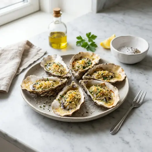 Uunissa paistettuja ostereita valkosipulivoilla ja korppujauhoilla