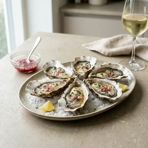 Valmis osterit vinaigretella tarjoiltuna herkullisesti kotikeittiön tapaan
